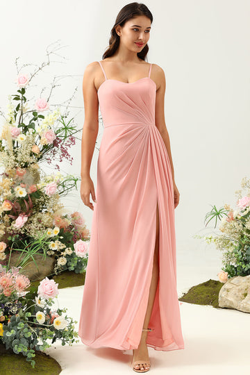En linje Spaghetti stropper Blush Long brudepike kjole med delt front